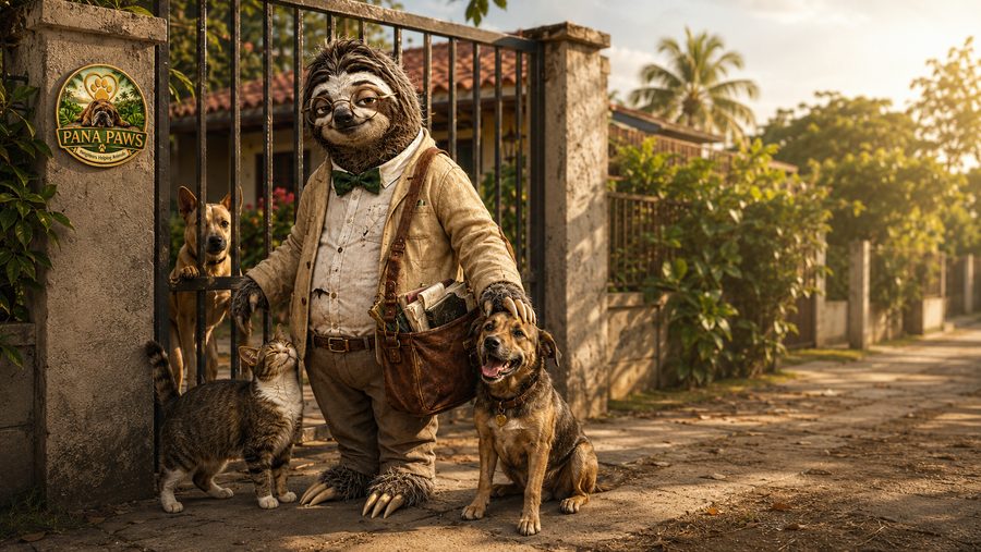 Profesor Eusebio with a dog and a cat at a gate
